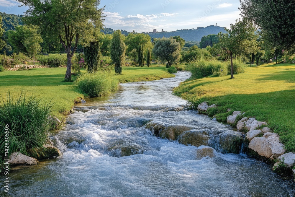 Poster serene river flows through a lush landscape with greenery and gentle hills in the background during 