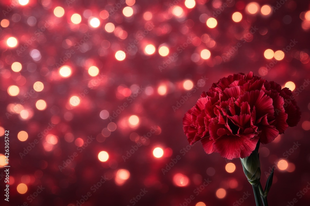 Aufkleber A striking red carnation stands in focus against a soft bokeh backdrop, creating a sentimental feel with space for text on the right side of the composition
