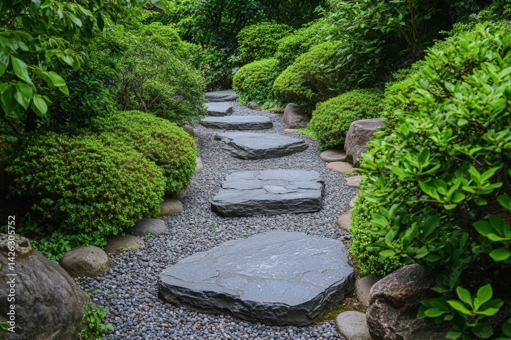 Poster serenity of a stone pathway through a lush green garden with carefully arranged bushes and trees