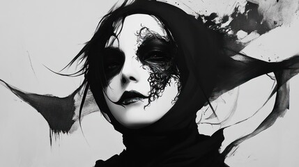 Fototapeta premium Dark, mysterious woman portrait, ink splashes
