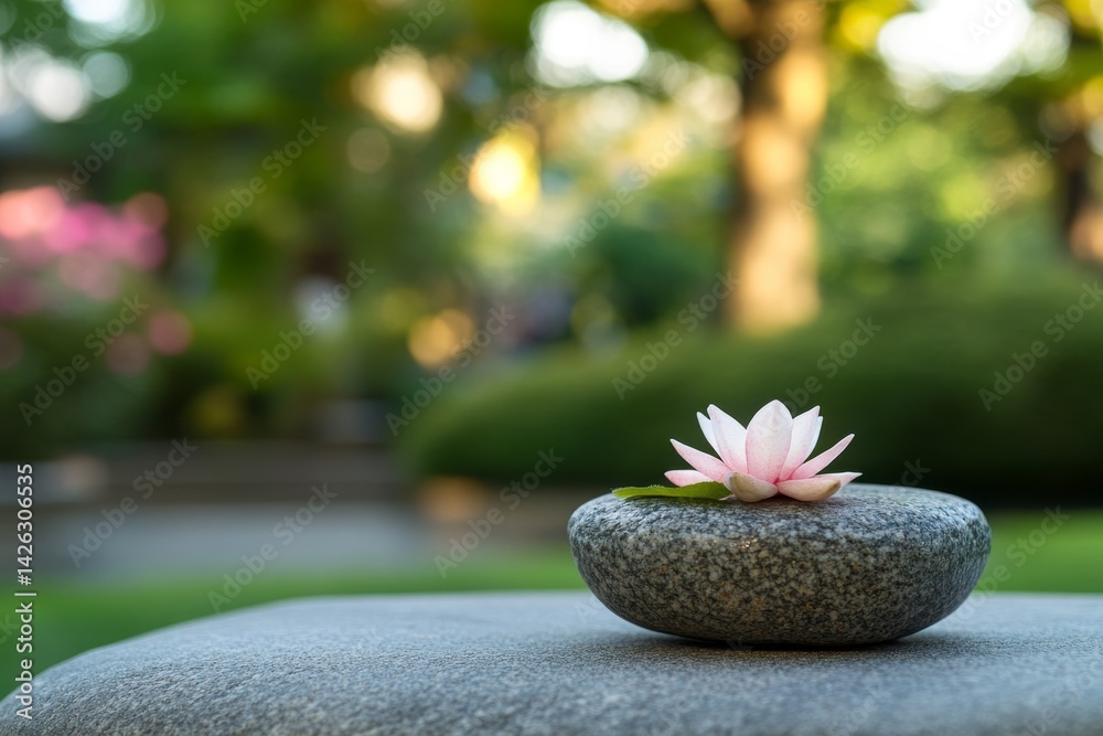 Aufkleber a delicate flower gently rests on a smooth stone, surrounded by softly blurred greenery, creating a 