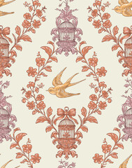 Swallow Bird and Floral Seamless Pattern: Elegant Vector Illustration for Fabrics, Wallpapers, and Packaging Design