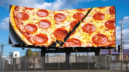 A giant pepperoni pizza billboard with a slice missing.