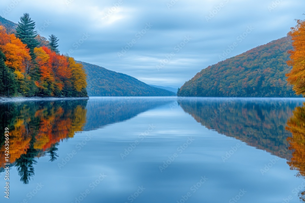 Poster autumn landscape with vibrant foliage and calm waters in a serene lake setting