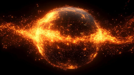 An orange glowing sphere with particles surrounding it against a dark black background