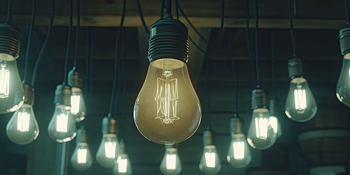 Glowing light bulbs hang from ceiling, illuminating dark space.  One bulb is brighter, centrally focused