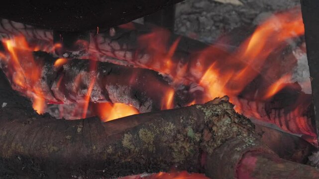 Fire. Iron pot with legs on a wood stove. Wood stove