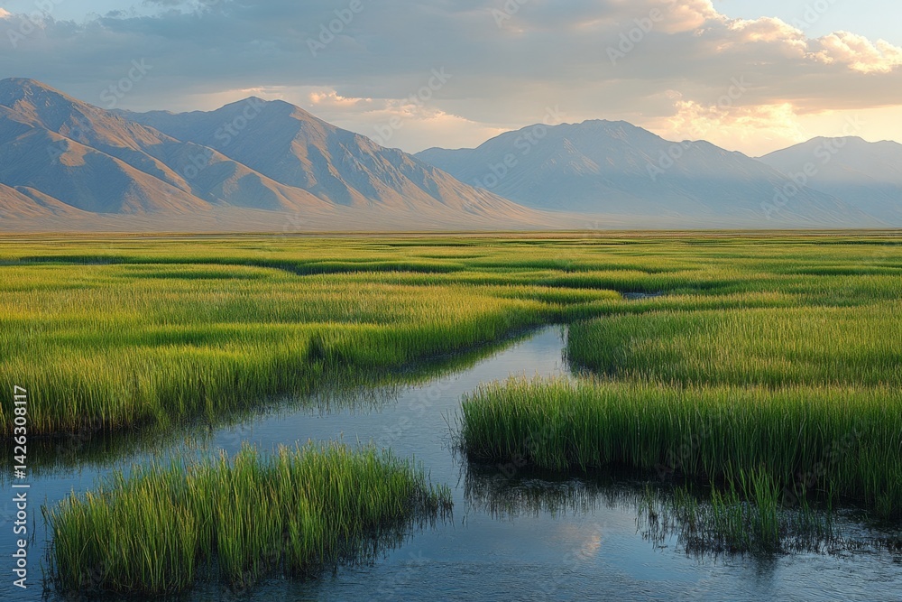Poster scenic view of vibrant wetlands with lush grass and distant mountains during sunset in a tranquil la