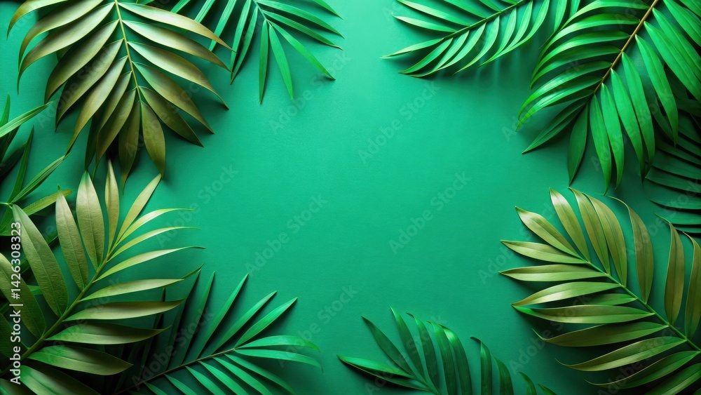 Poster vibrant green tropical leaf frame on a solid background for design elements