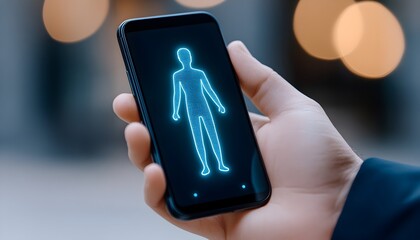 Hand holding phone displaying a glowing human body outline