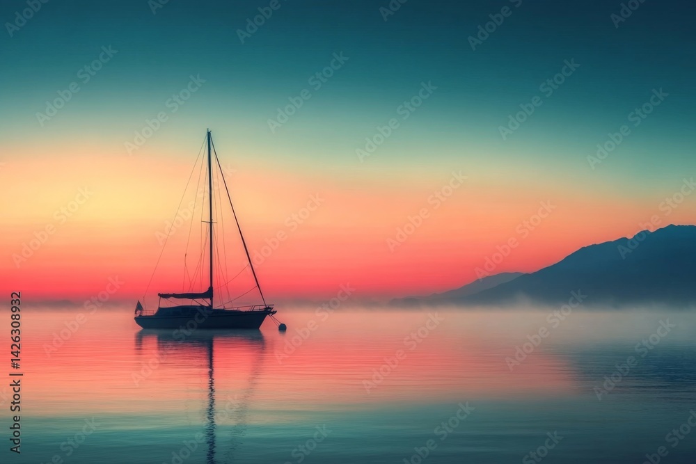 Poster sailboat gliding on calm waters at dawn with mist and mountains in the background