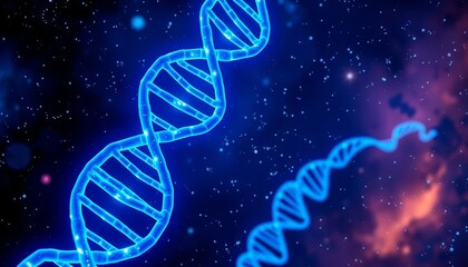 Obraz premium Glowing blue DNA strands drift in a cosmic nebula, nebula, progress