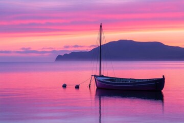 Fototapeta premium Sunset over tranquil waters with a lone boat near distant hills in a vibrant sky