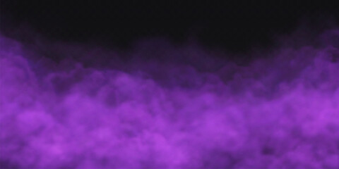Purple smoke cloud on black transparent background. Fog vector effect.
