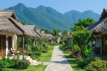 Fototapeta premium Relaxing pathway lined with vibrant cottages and lush greenery in a serene mountain setting
