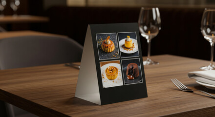 Restaurant Dessert Menu Display - A sleek, black tabletop menu showcasing four delectable dessert options. Perfect for upscale dining establishments