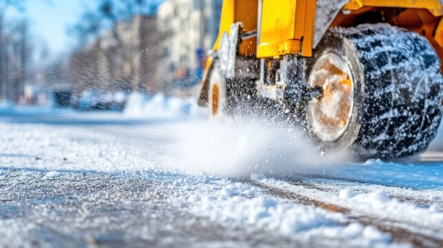 Snow plow clearing city street in winter
