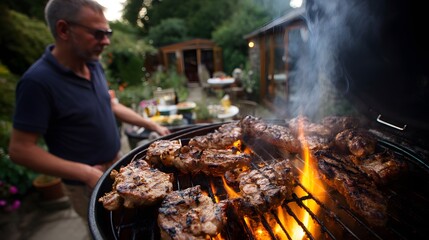 Fototapeta premium Man grilling meat on a hot barbecue outside with garden setting in background.