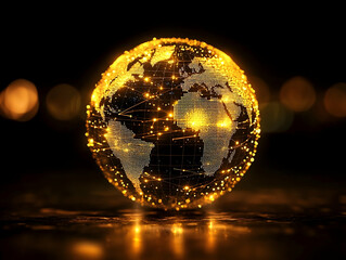 Glowing globe shows continents outlined by light dots connected with shimmering lines on dark background