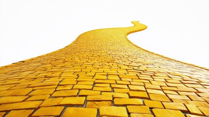 Yellow brick road winding into the distance against a white background.
