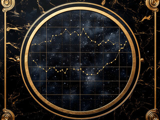 Golden circle frames a graph against a dark cosmic background set in elegant marble surroundings