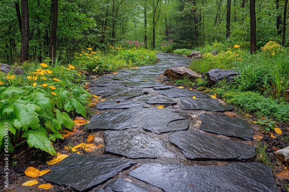 Poster lush garden path lined with vibrant flowers and wet stones in a tranquil forest setting during early