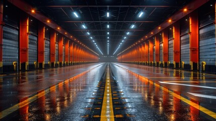 Futuristic logistics hub with illuminated loading docks featuring modern automated infrastructure designed for zero-emission trade and efficient urban freight distribution in smart city environment.