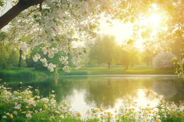 Obraz premium Spring morning light reflects on peaceful lake surrounded by blooming flowers and lush greenery in a serene park setting