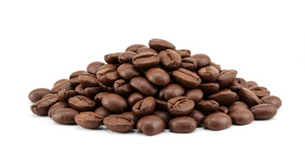 Naklejka premium Roasted Coffee Beans Pile - A close-up shot of a pile of dark roasted coffee beans, isolated on a white background. Perfect for coffee packaging or cafe menu