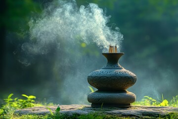 Incense burner releases fragrant smoke in a tranquil outdoor garden during early morning light