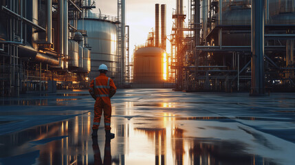 Man in a reflective vest stands in front of a large industrial plant or oil refinery at sunset. The man is a worker, possibly a safety inspector