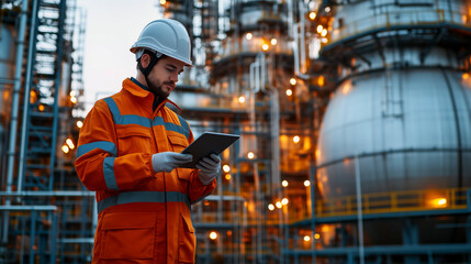 Man in an orange safety suit is looking at a tablet while standing in front of a large industrial plant or oil refinery
