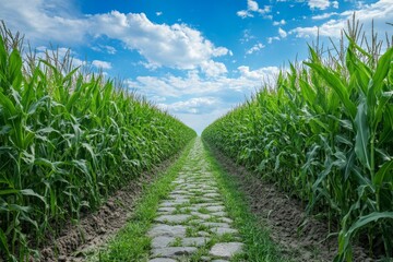 Naklejka premium Lush cornfield pathway stretching under a bright blue sky in the late summer afternoon