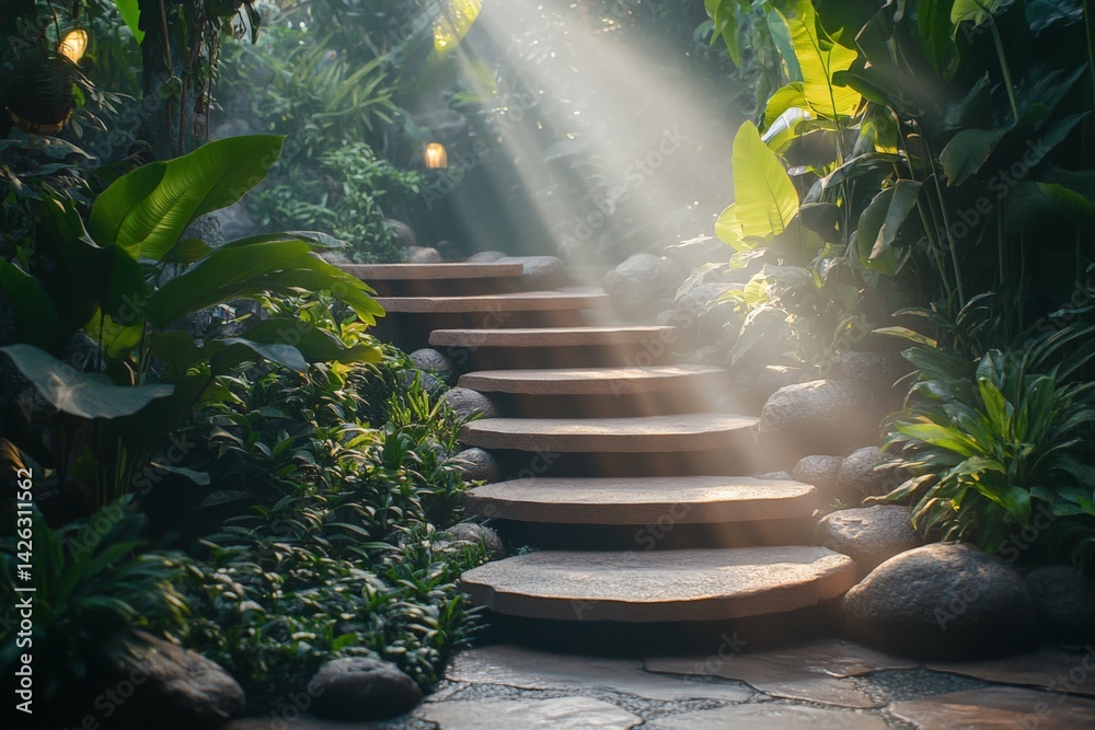 Poster sunlight filters through lush greenery onto stone steps in a tranquil garden path during the golden 