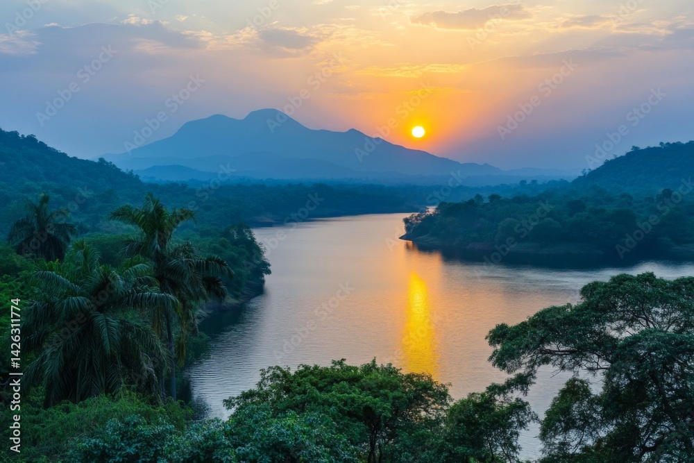 Aufkleber sunset over the river with mountains in the background and lush greenery along the banks in a serene