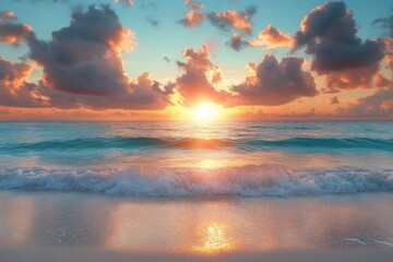 Fototapeta premium Sunset over tranquil ocean waves at a serene beach with colorful clouds in the sky