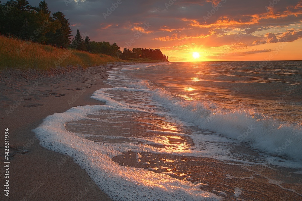 Poster sunset over a tranquil beach with gentle waves lapping at the shore in a serene landscape