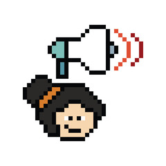 Obraz premium Cute pixel cartoon character woman with megaphone announcement speaker information announce decoration 8 bit female girl lady megaphone cartoon pixel game png vector.
