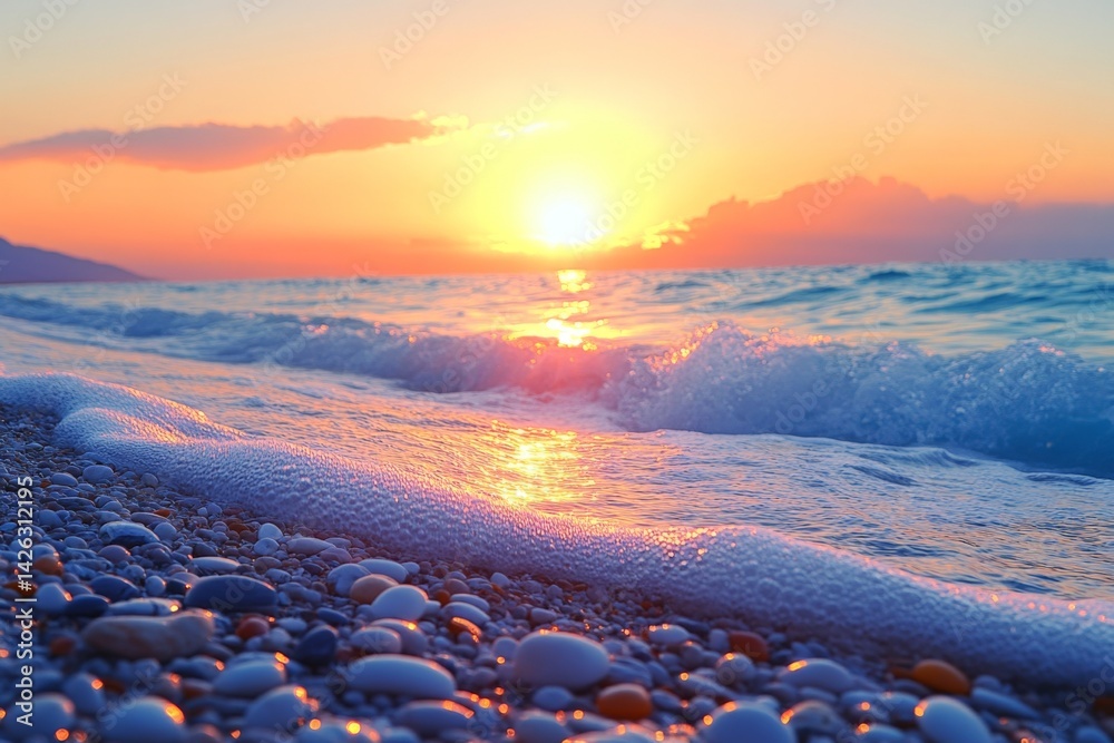 Poster vibrant sunset over calm ocean waves on a tranquil beach with pebbles and soft foam in the evening s