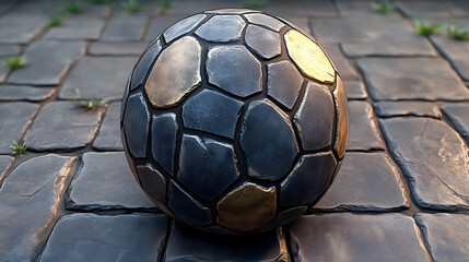 Stone soccer ball sits on paved surface with small plants visible in blurred background