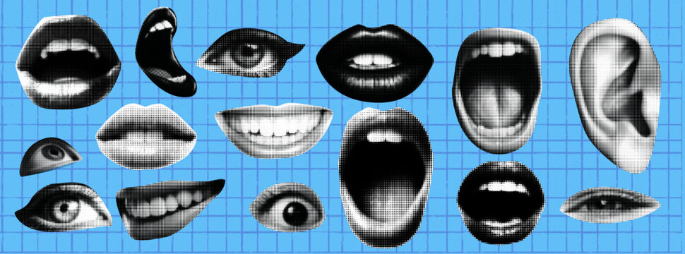 Set of collage elements isolated at the blue background. Vintage punk kit with open scream and surprised mouth. Pop art and grunge dada zine.