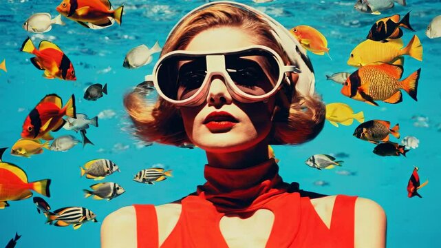 A surreal video concept featuring a woman in retro goggles surrounded by colorful fish, shot from a front angle against a vibrant blue background. Live desktop wallpaper.