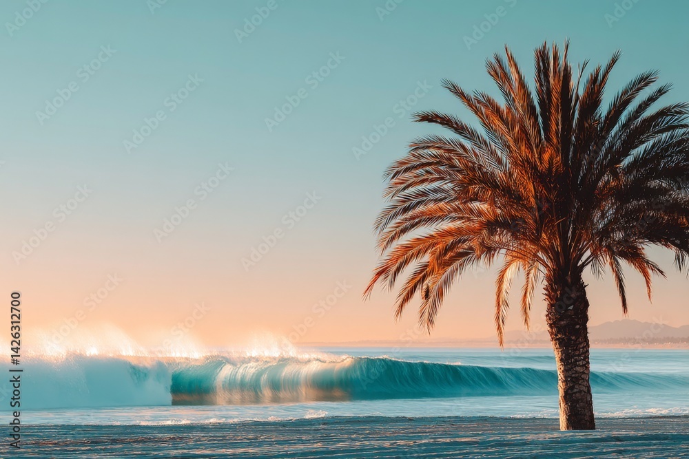 Aufkleber Coastal view with palm tree and crashing waves at sunset in a serene beachfront location