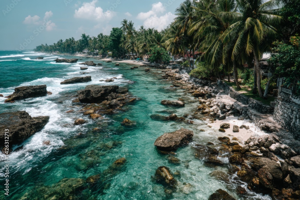 Poster coastal view featuring rocky shoreline and palm trees under a clear sky during midday by the ocean