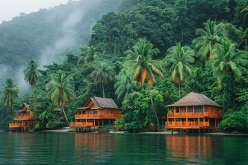 Obraz premium Tropical wooden cabins beside calm waters surrounded by lush greenery in a serene coastal landscape