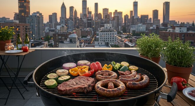 Rooftop Grill Cityscape Sunset - Delicious grilled food on a rooftop overlooking a stunning city sunset. Perfect for summer grilling and city views