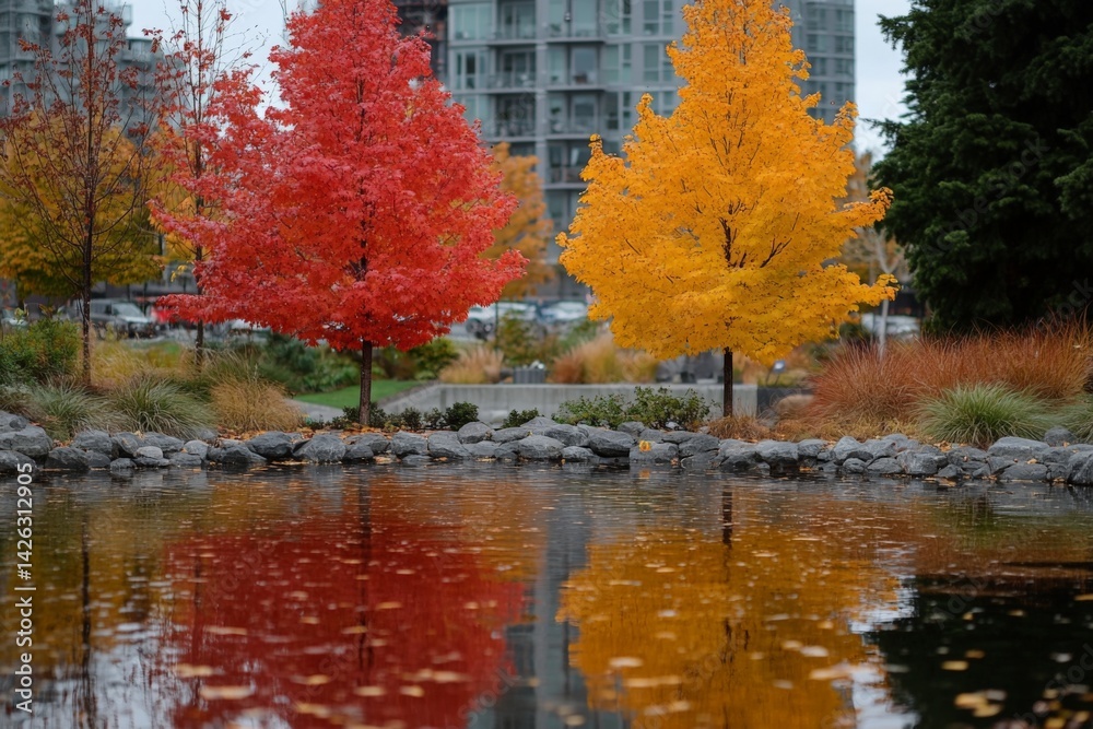 Aufkleber beautiful autumn trees reflect in a serene pond with modern buildings in the background during a clo