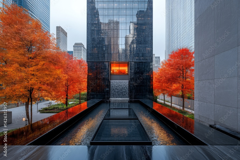 Aufkleber urban landscape with vibrant autumn foliage and sleek architecture reflecting in water at twilight i