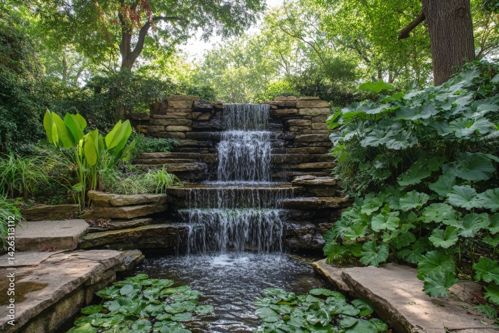 Poster serene waterfall cascading over rocks surrounded by lush greenery in a tranquil park during daylight