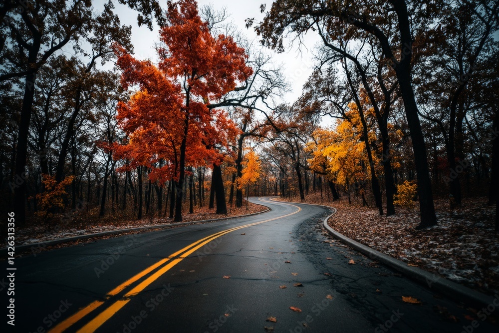Aufkleber winding road through vibrant autumn trees in a tranquil forest setting during a cloudy day